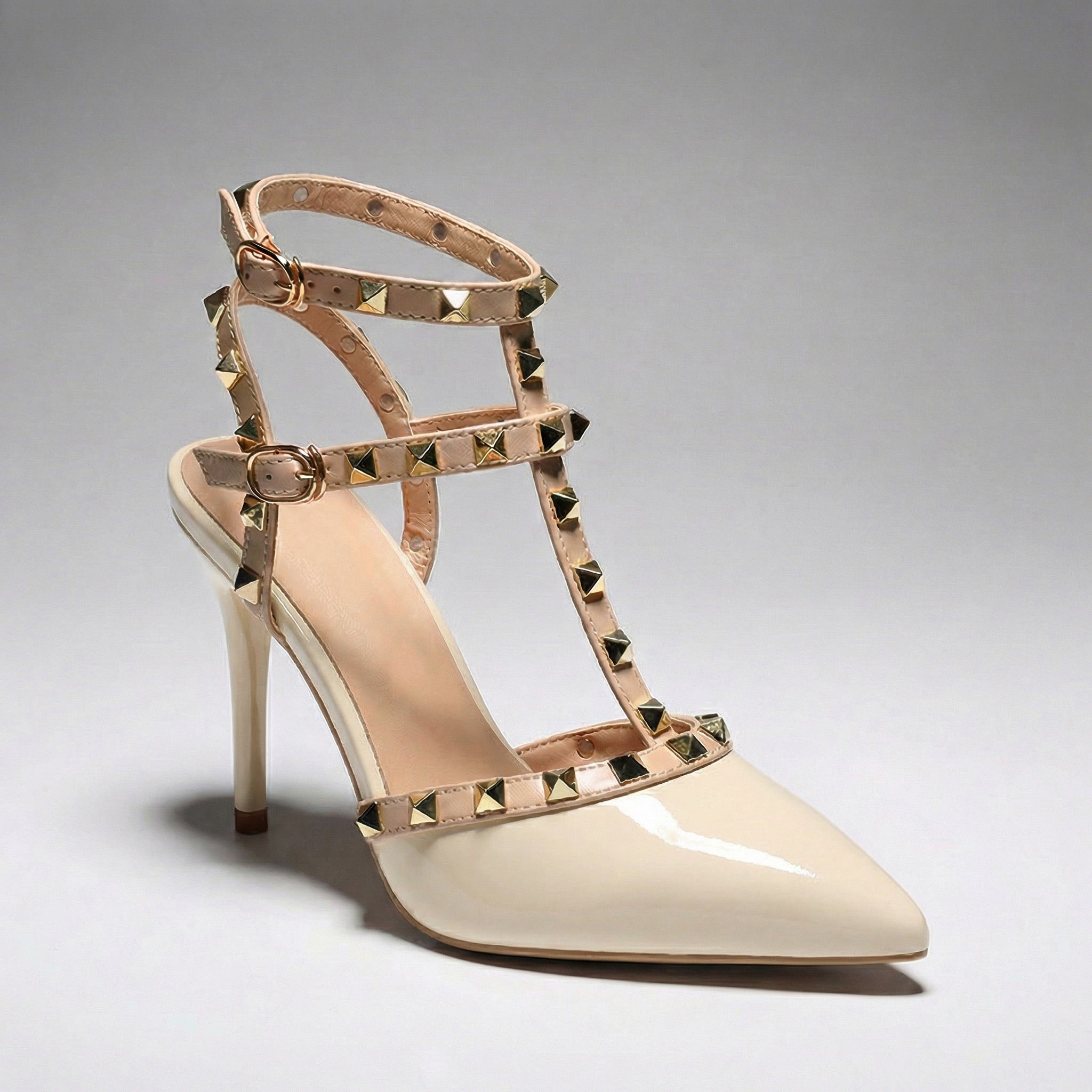 Women's Patent Vegan Leather Strappy Heeled Sandals with Studs