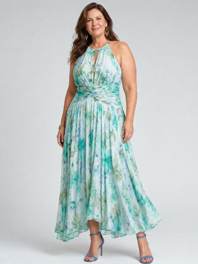 Women's Pleated Halter Midi Dress with Floral Pattern