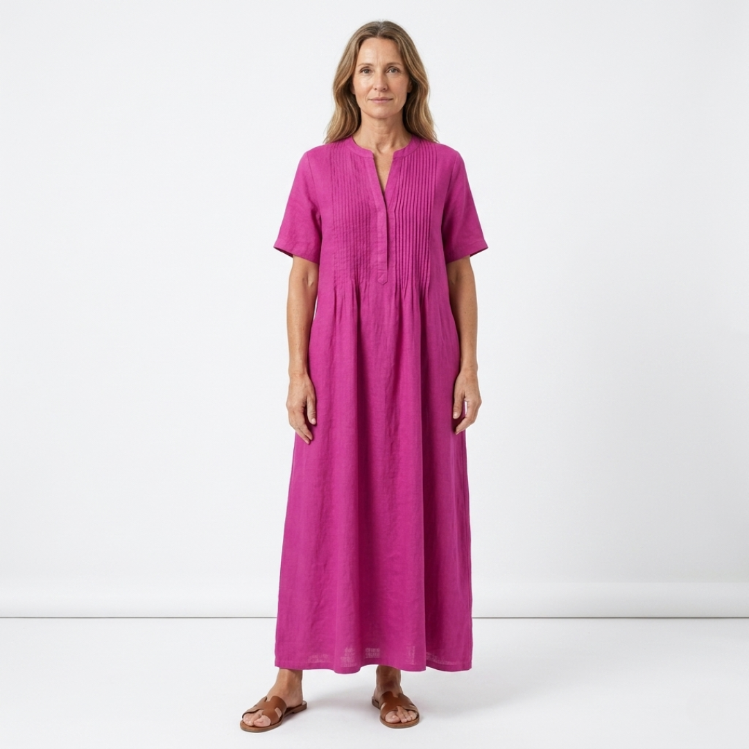 Women's Pleated Long Sleeve Maxi Dress with Flared Cut