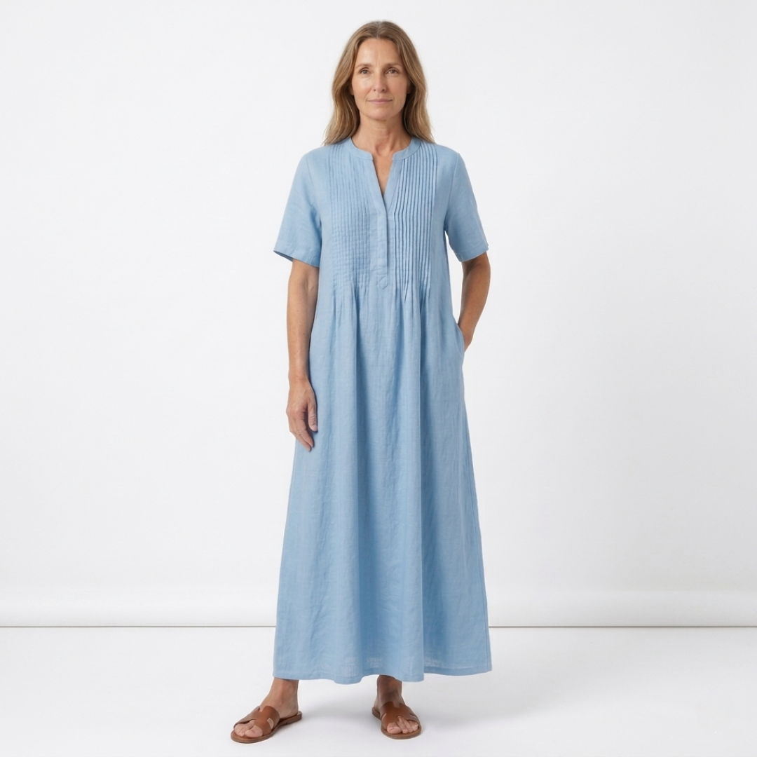 Women's Pleated Long Sleeve Maxi Dress with Flared Cut
