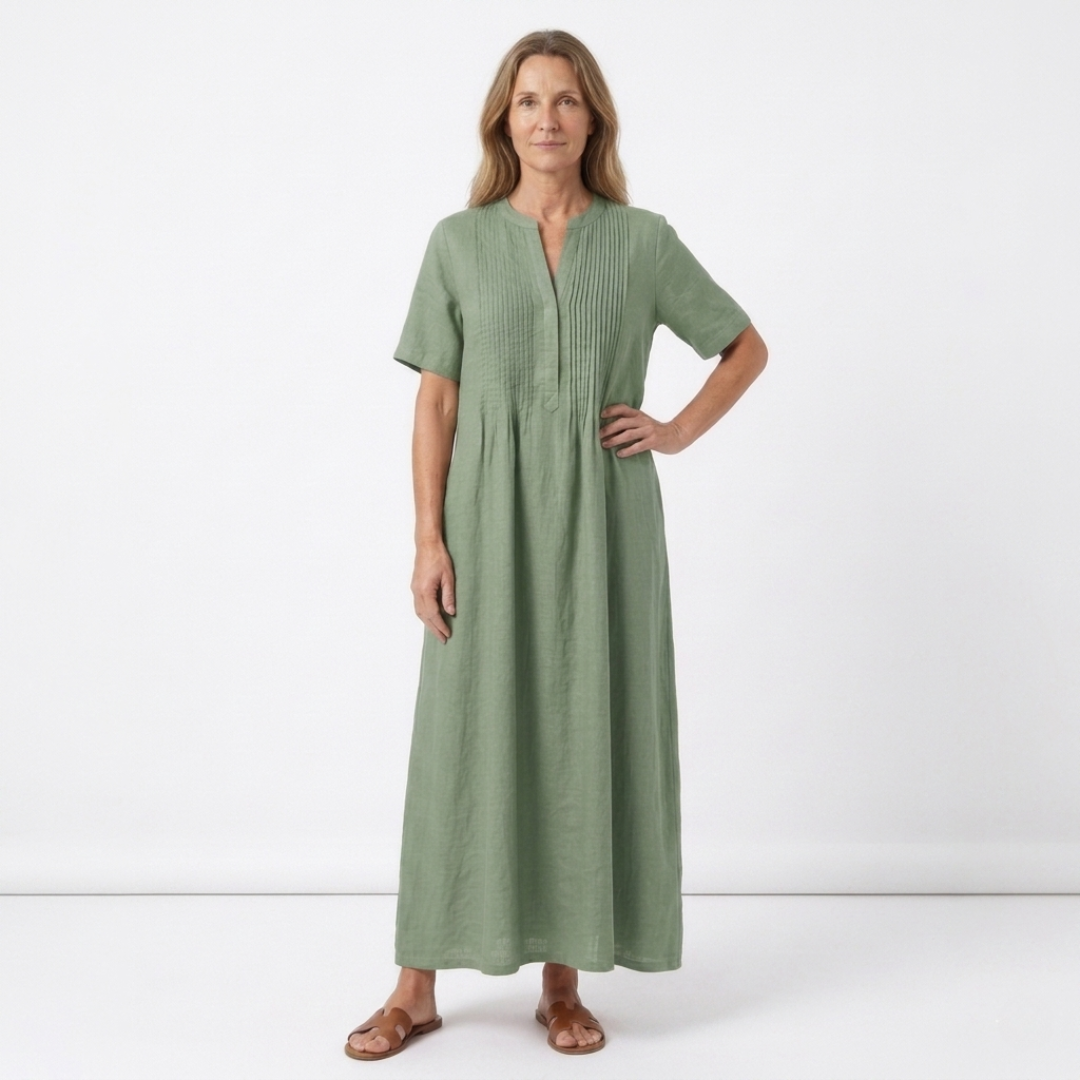 Women's Pleated Long Sleeve Maxi Dress with Flared Cut