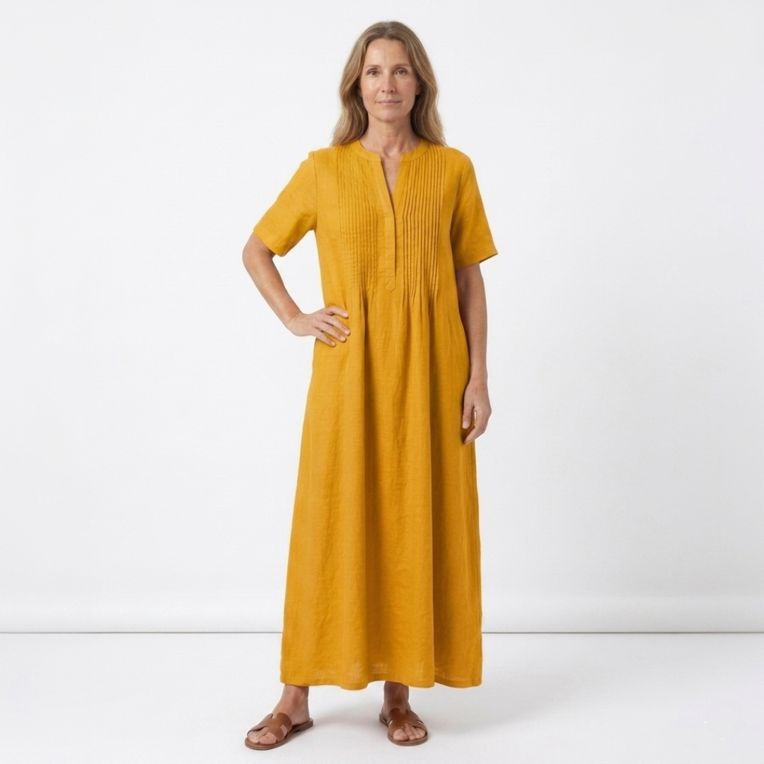 Women's Pleated Long Sleeve Maxi Dress with Flared Cut