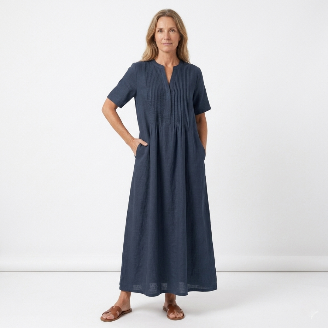 Women's Pleated Long Sleeve Maxi Dress with Flared Cut