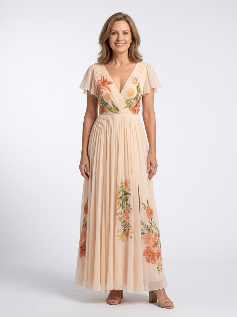 Women's Pleated Maxi Dress with V-Neckline
