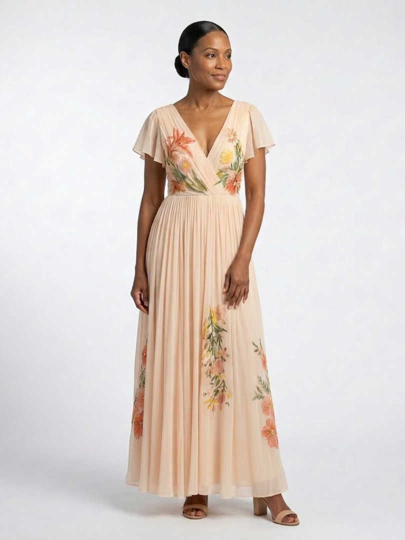 Women's Pleated Maxi Dress with V-Neckline