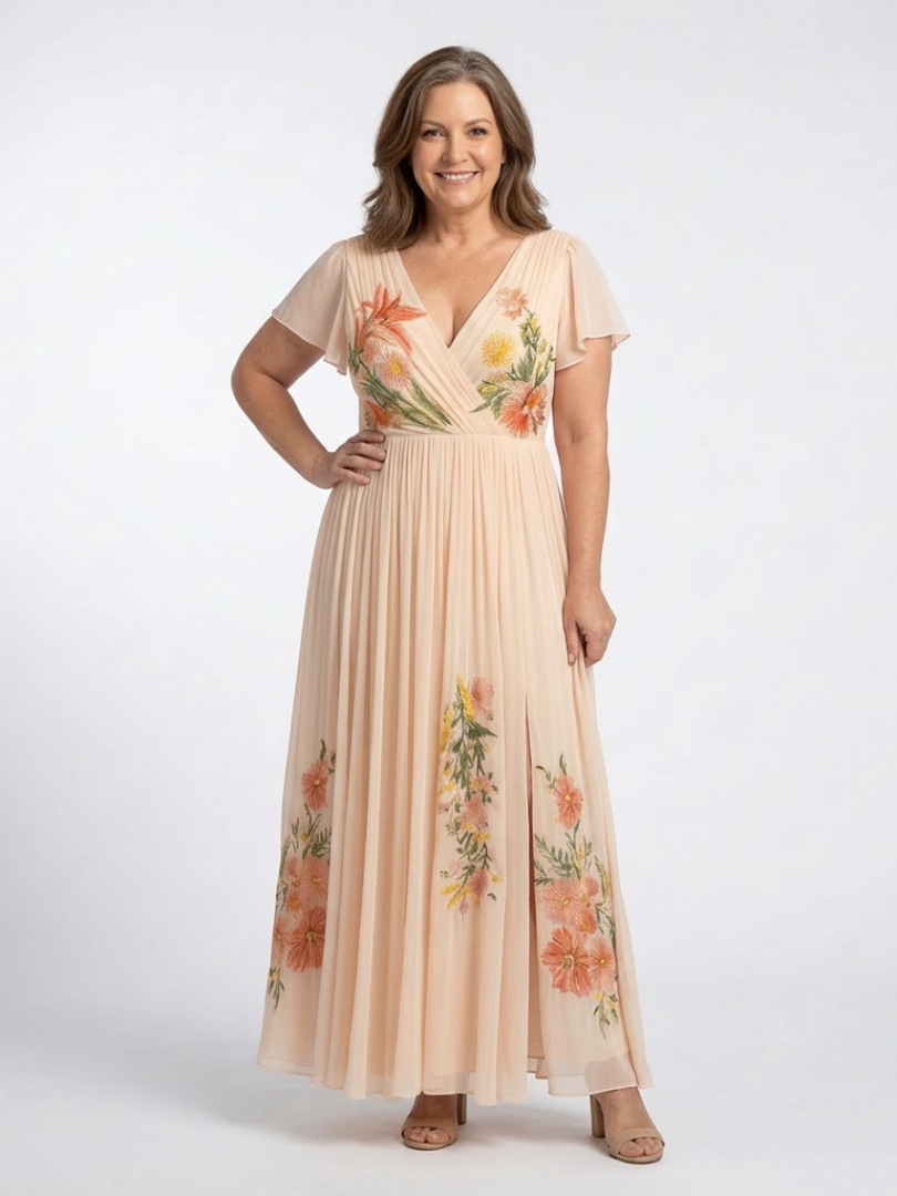 Women's Pleated Maxi Dress with V-Neckline
