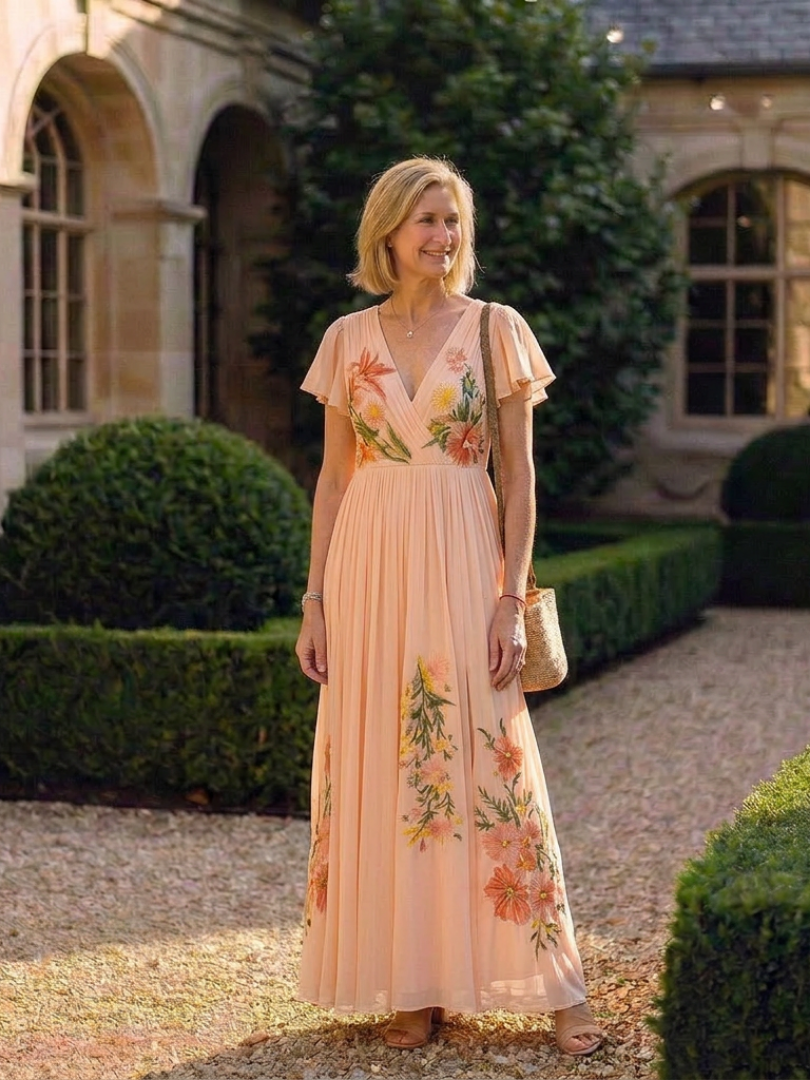 Women's Pleated Maxi Dress with V-Neckline