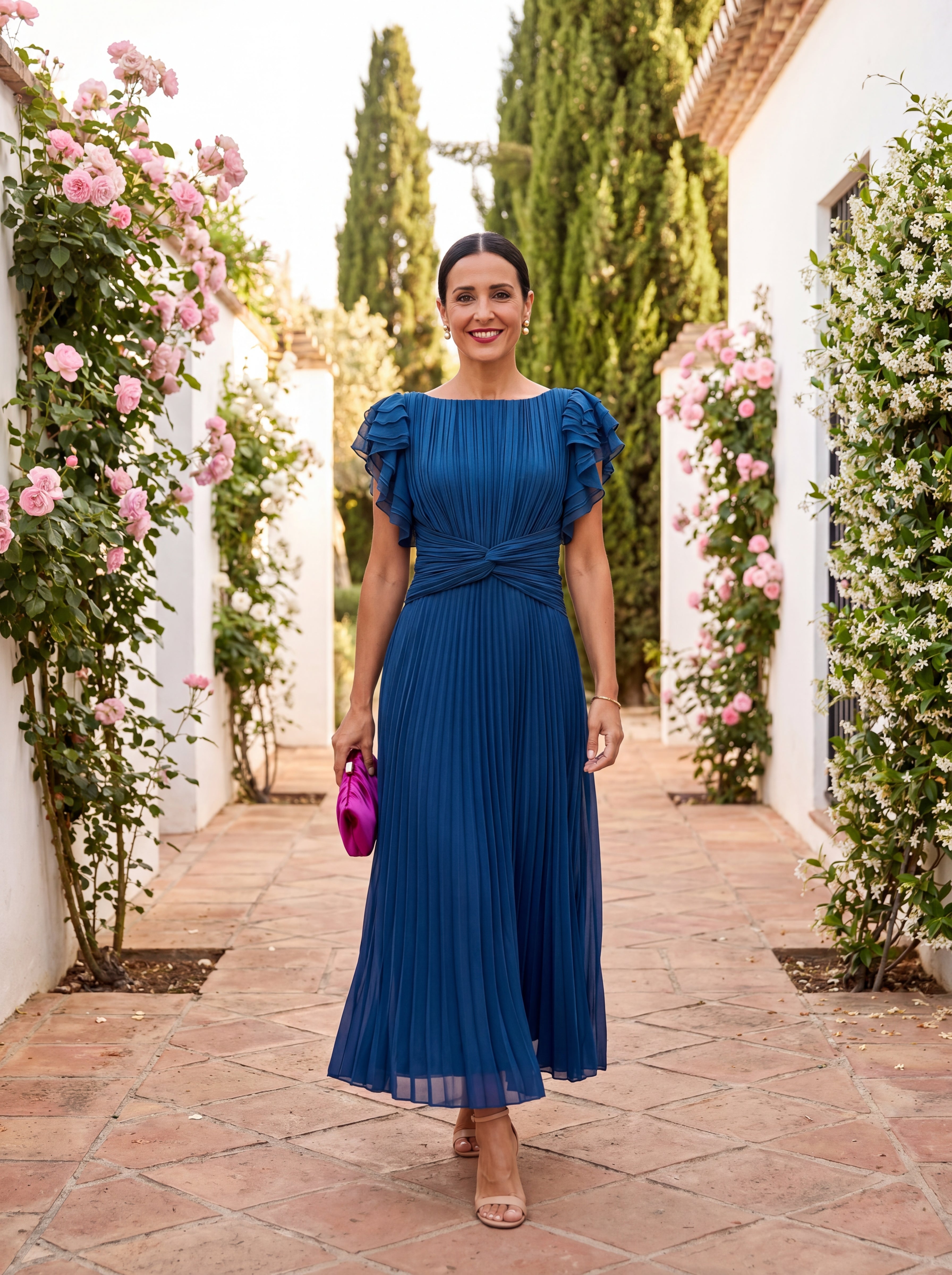 Women's Pleated Maxi Evening Dress with Flowing Silhouette