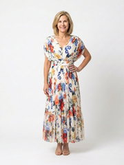 Women's Pleated Midi Dress with Short Sleeves