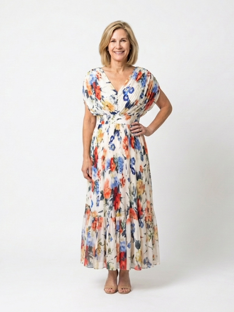 Women's Pleated Midi Dress with Short Sleeves