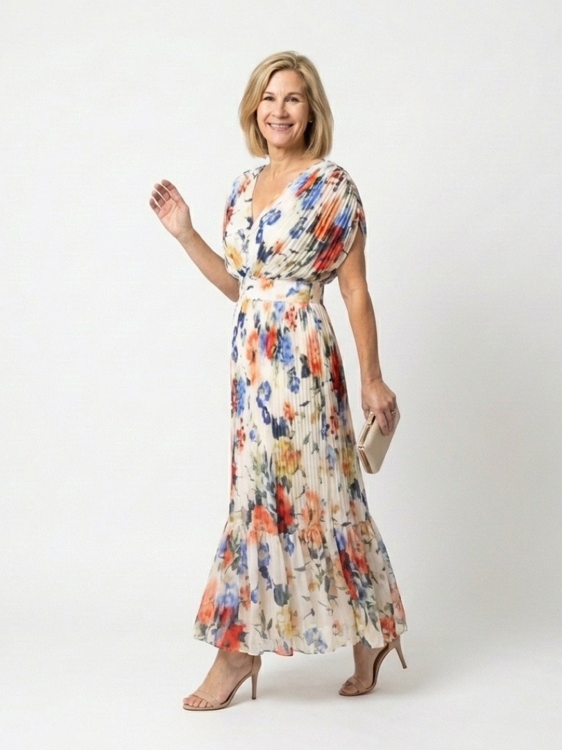 Women's Pleated Midi Dress with Short Sleeves