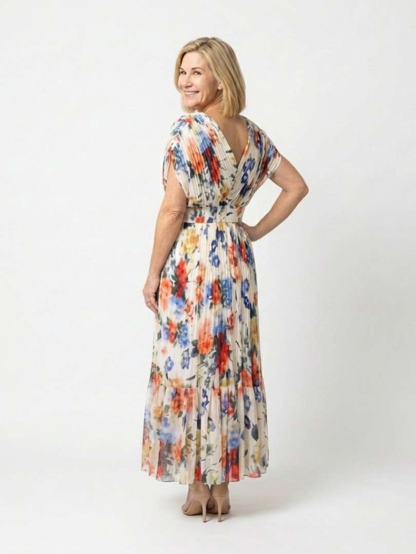 Women's Pleated Midi Dress with Short Sleeves