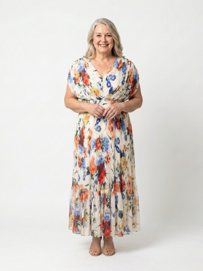 Women's Pleated Midi Dress with Short Sleeves