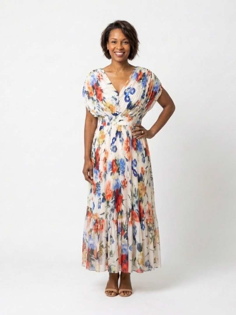 Women's Pleated Midi Dress with Short Sleeves