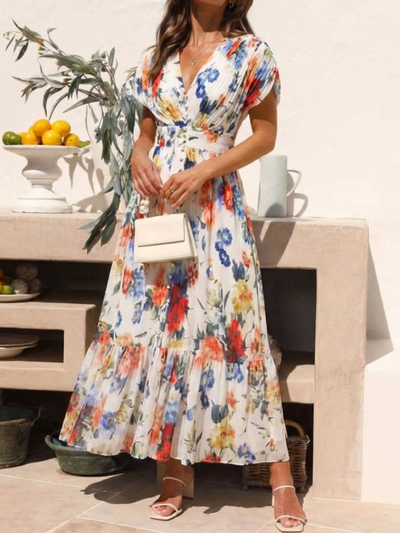 Women's Pleated Midi Dress with Short Sleeves