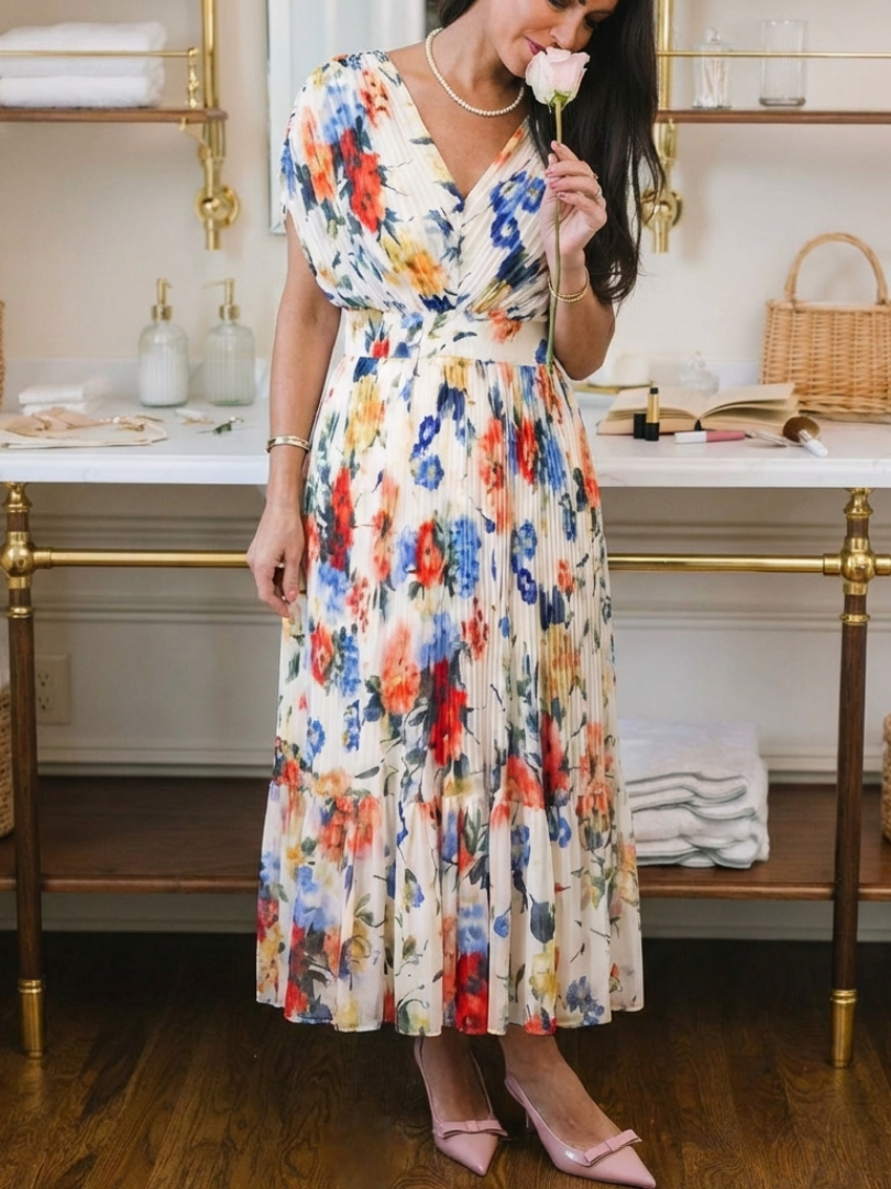 Women's Pleated Midi Dress with Short Sleeves