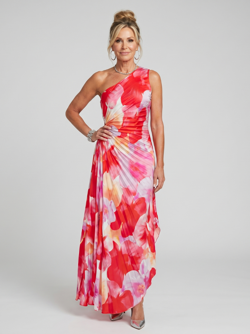 Women's Pleated One Shoulder Midi Dress