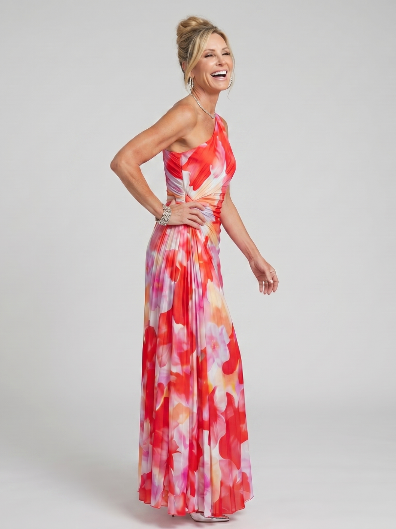 Women's Pleated One Shoulder Midi Dress