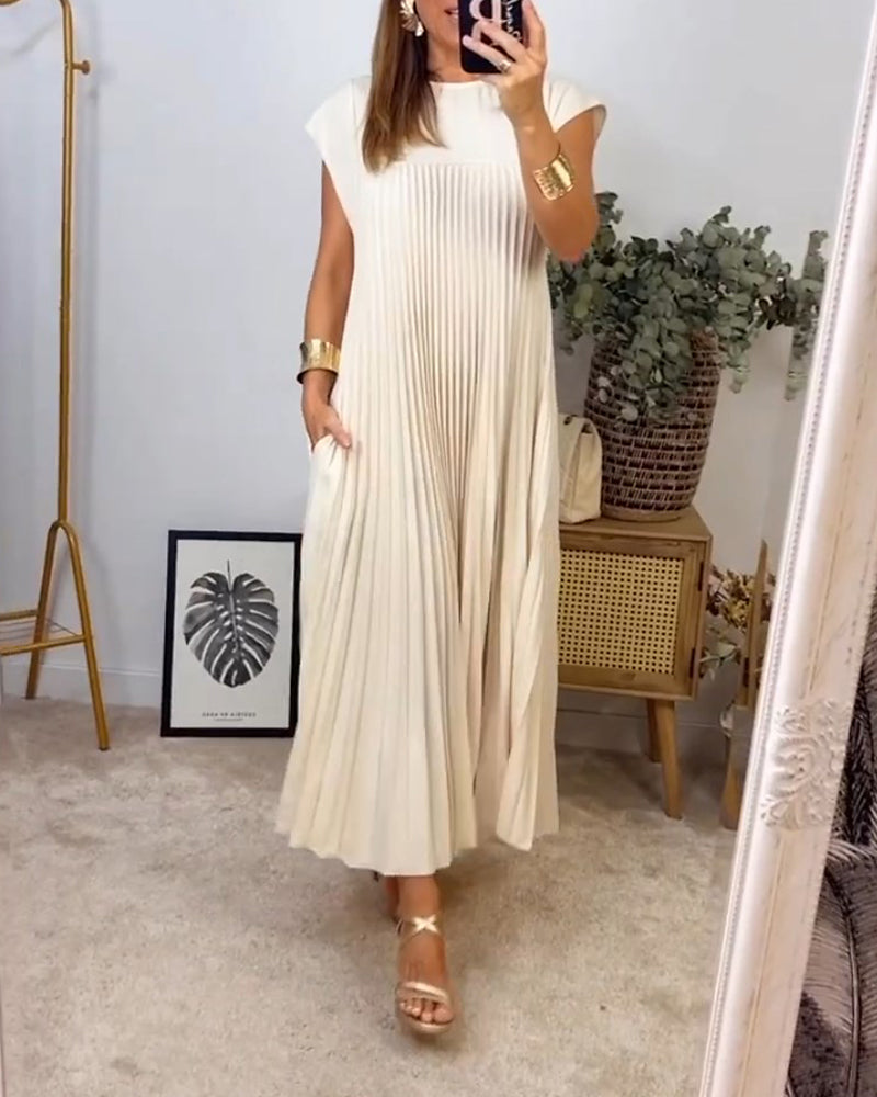 Women's Pleated Sleeveless Midi Dress with Elegant Design
