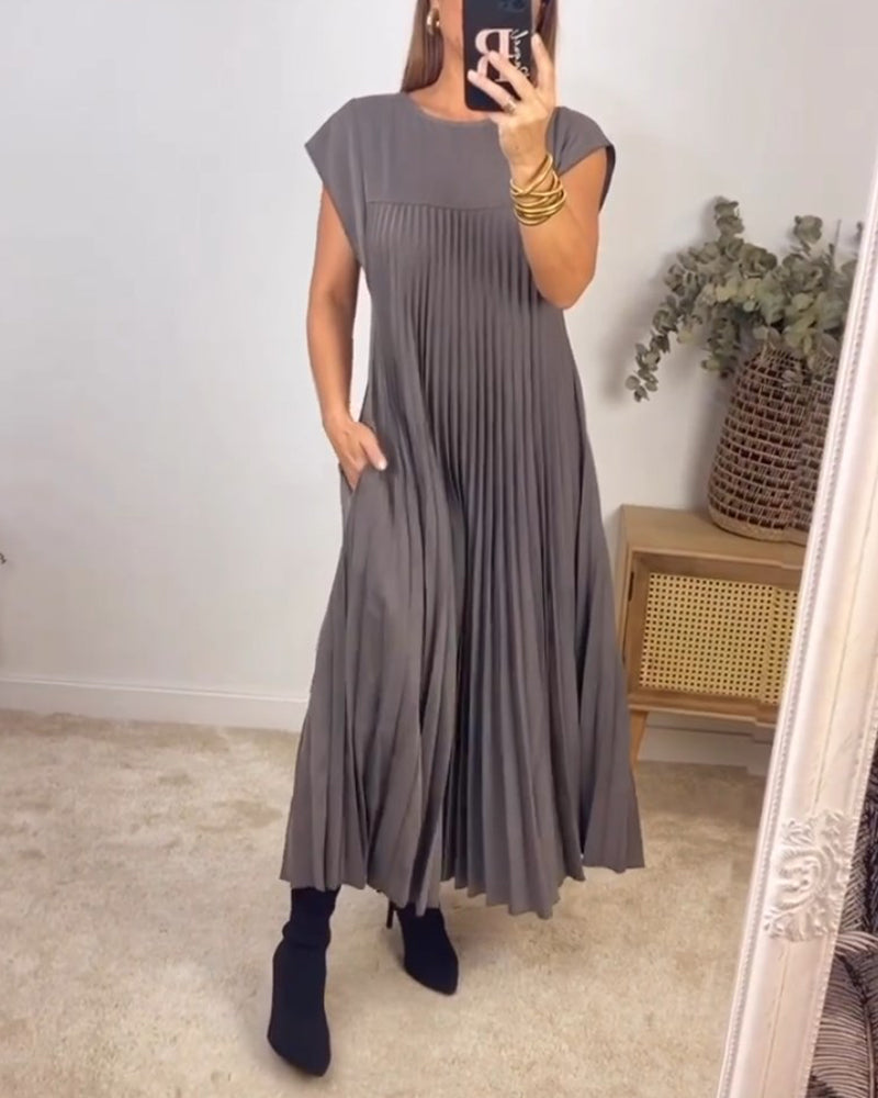 Women's Pleated Sleeveless Midi Dress with Elegant Design
