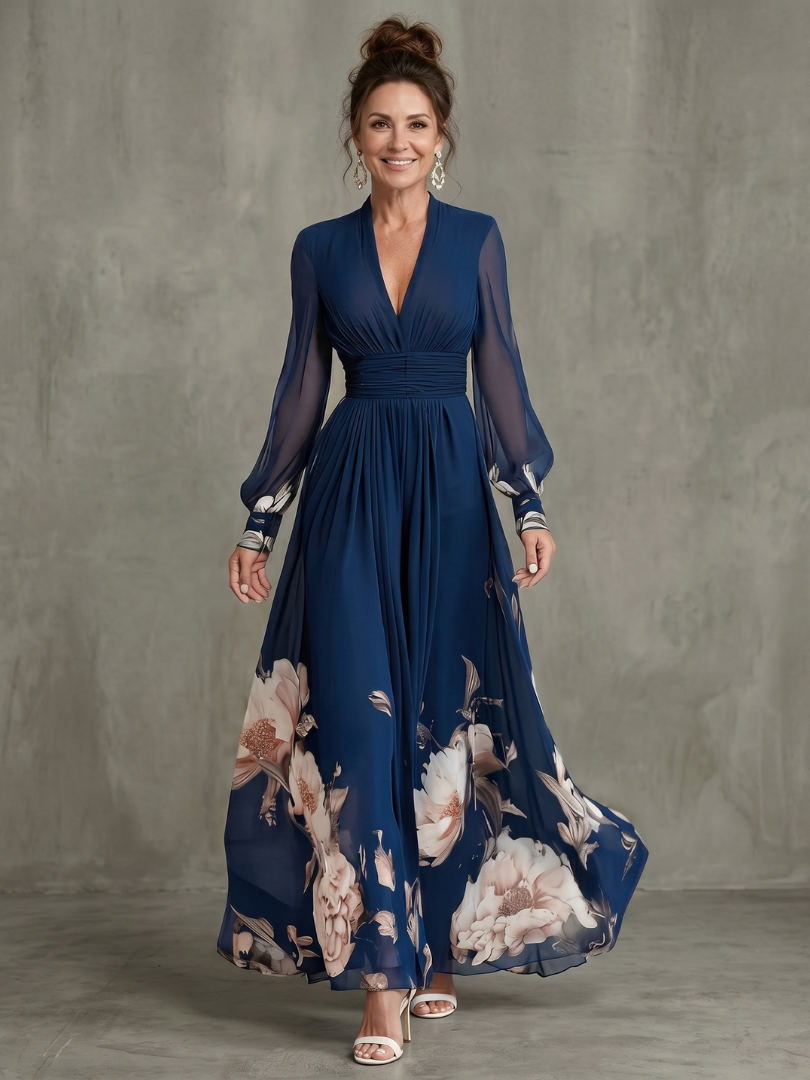 Women's Pleated V-Neck Maxi Dress with Long Sheer Sleeves