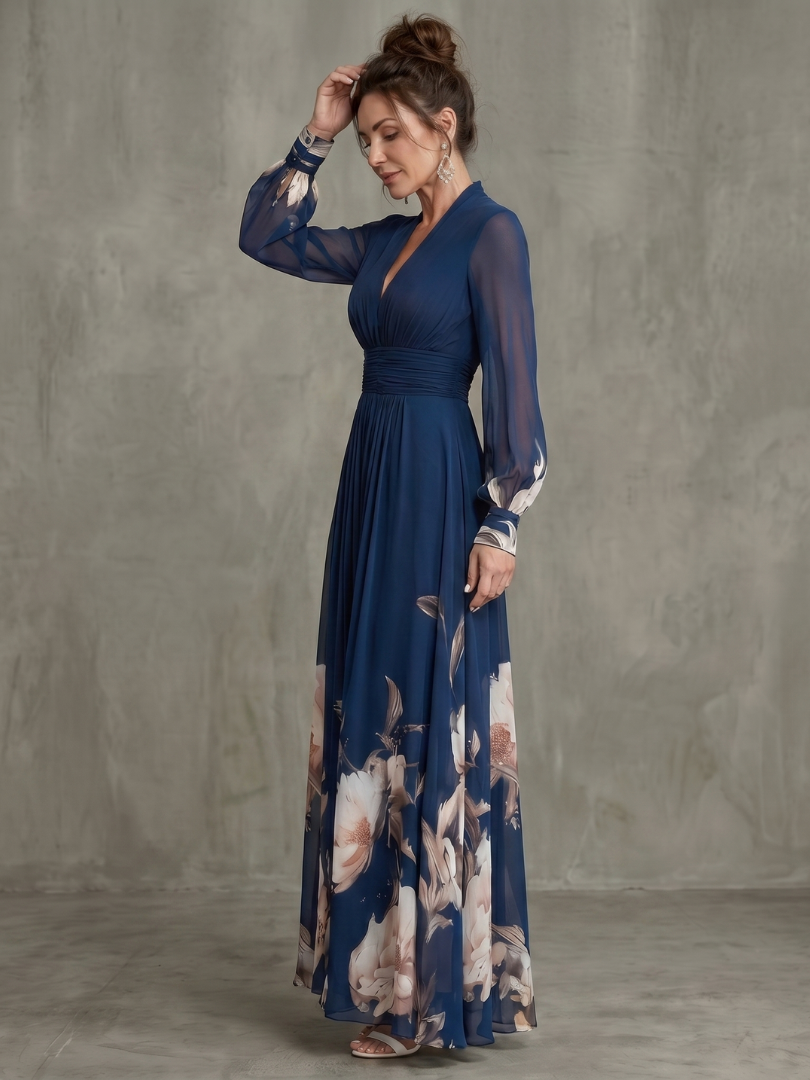 Women's Pleated V-Neck Maxi Dress with Long Sheer Sleeves
