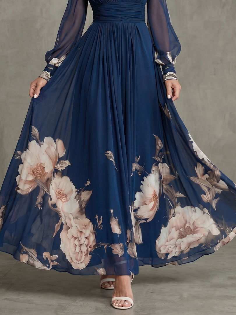Women's Pleated V-Neck Maxi Dress with Long Sheer Sleeves