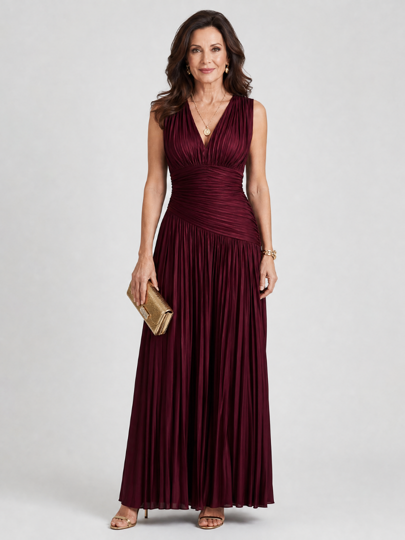 Women's Pleated V-Neck Midi Dress