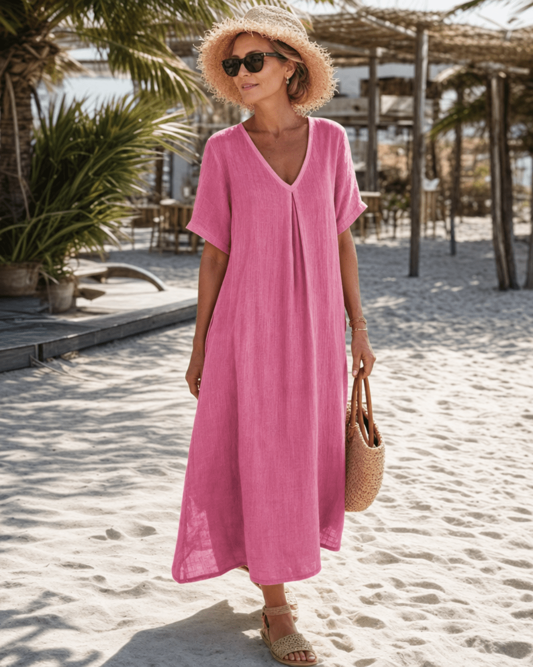 Women's Pleated V-Neck Midi Dress