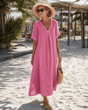 Women's Pleated V-Neck Midi Dress