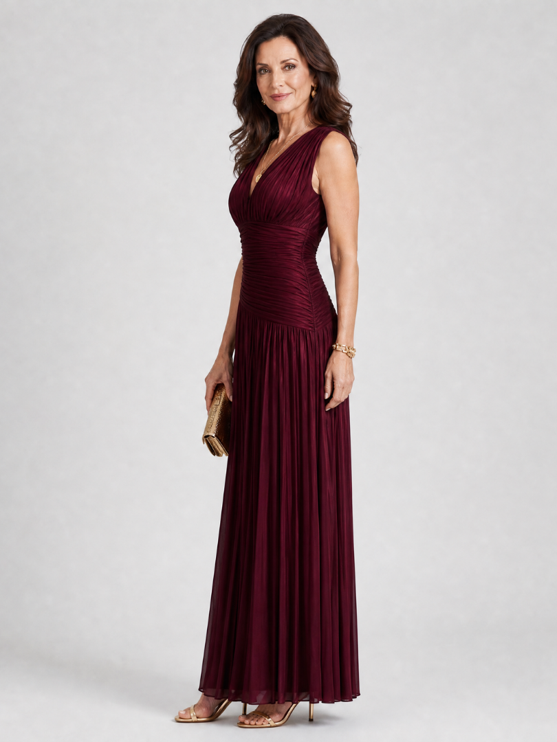 Women's Pleated V-Neck Midi Dress