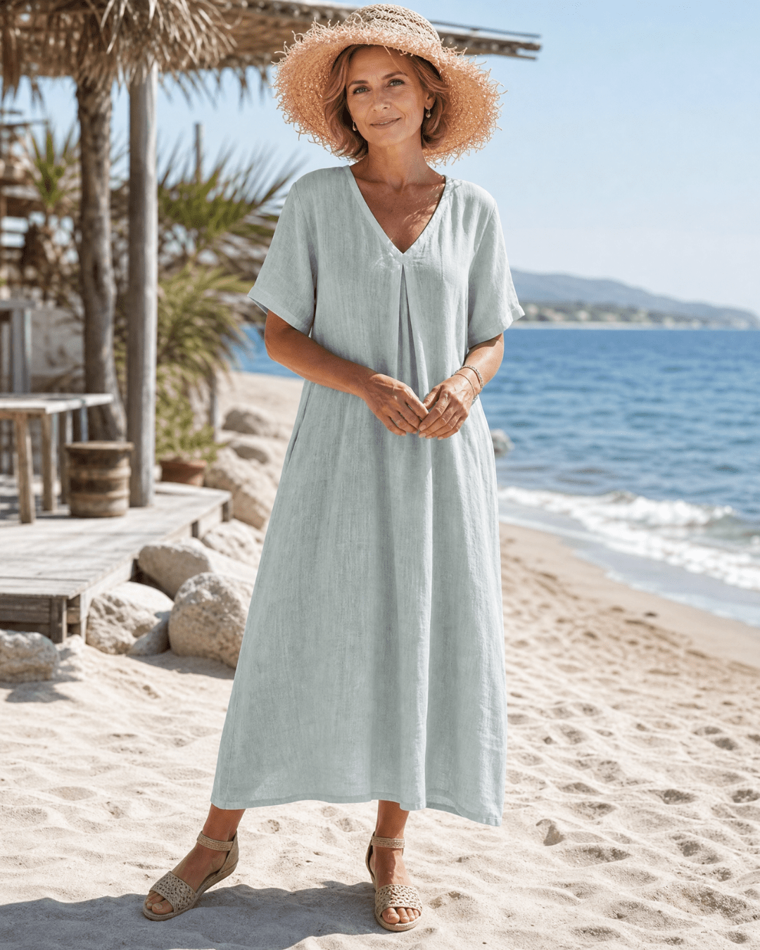 Women's Pleated V-Neck Midi Dress