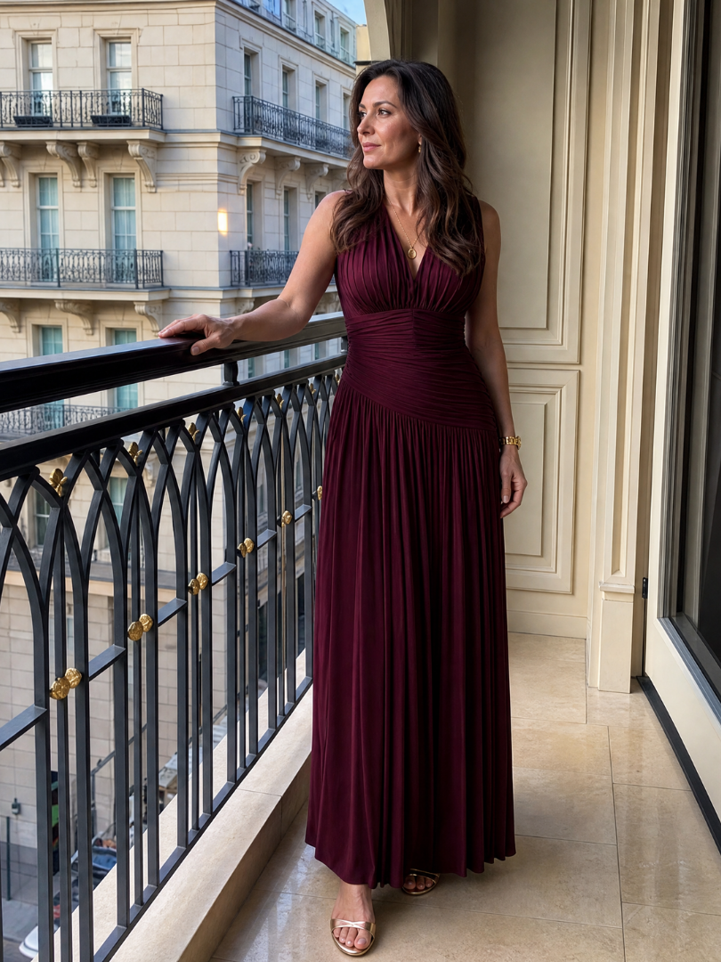 Women's Pleated V-Neck Midi Dress