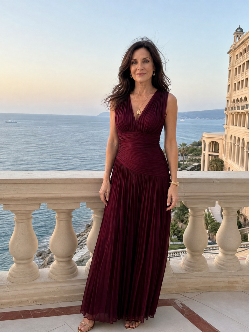 Women's Pleated V-Neck Midi Dress