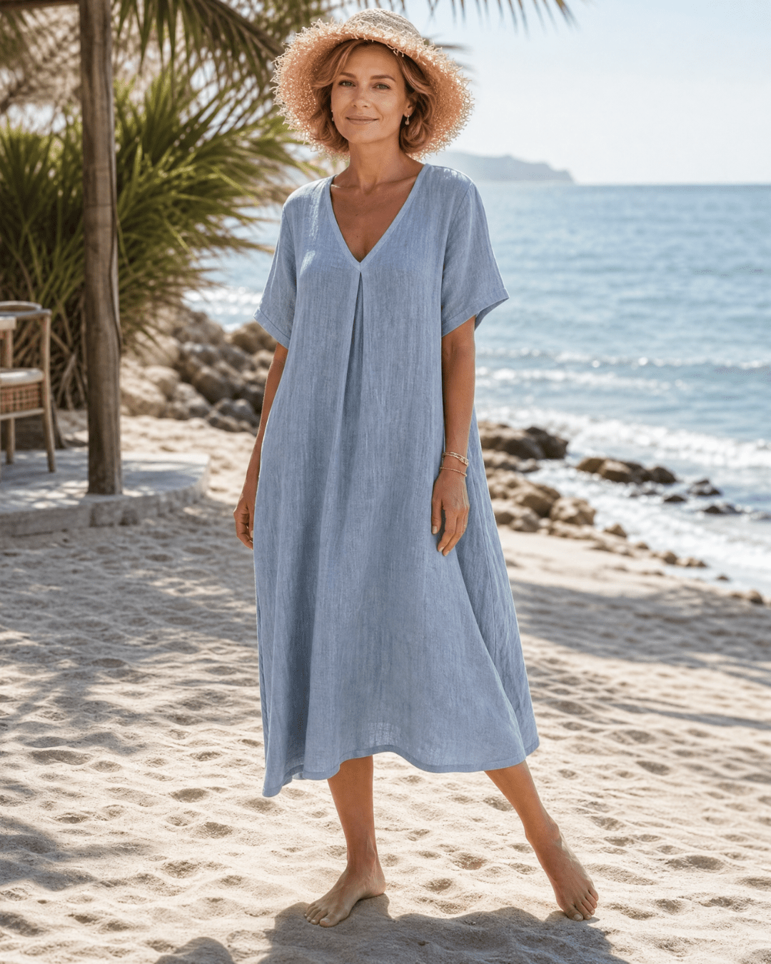 Women's Pleated V-Neck Midi Dress