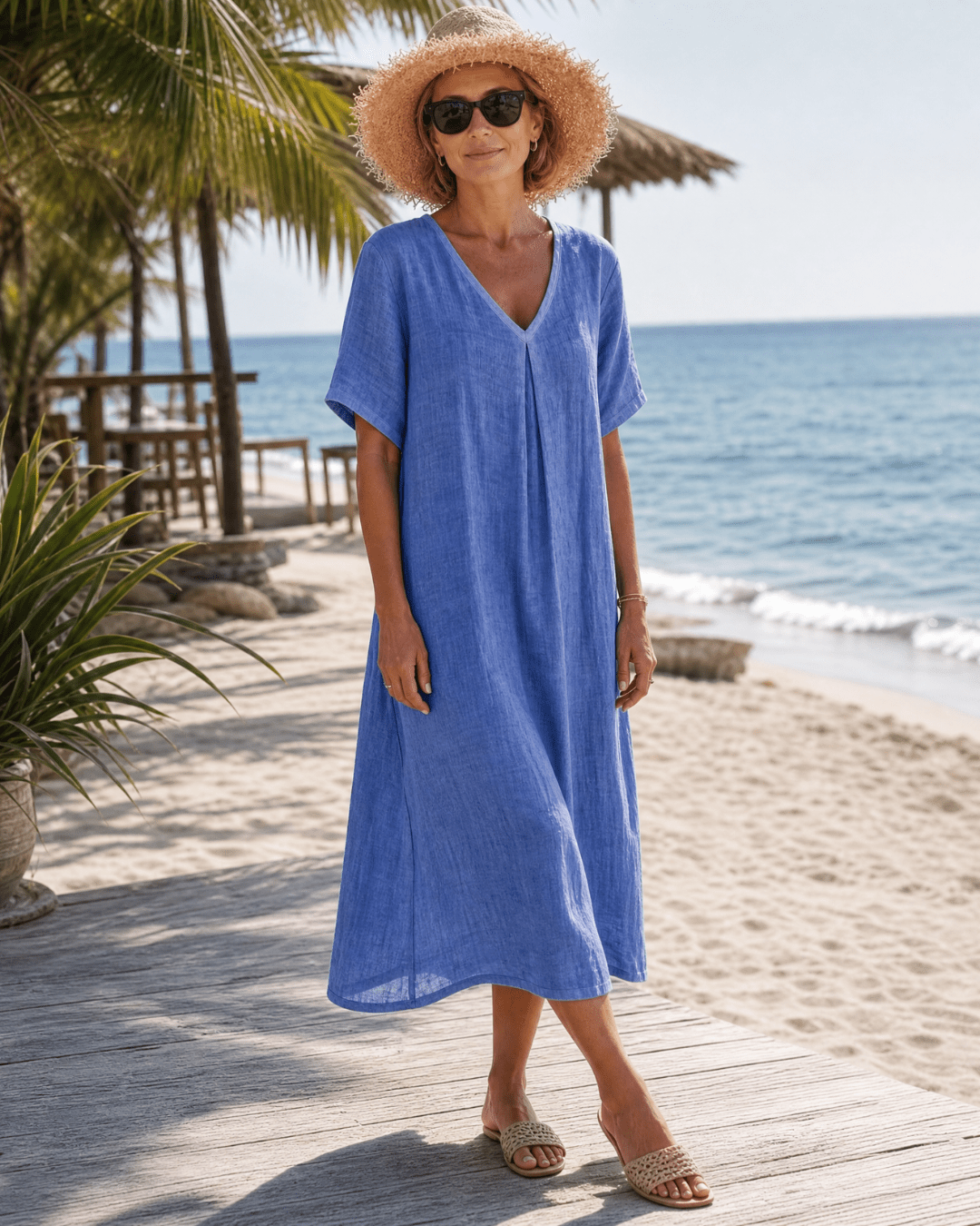 Women's Pleated V-Neck Midi Dress