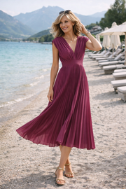 Women's Pleated V-Neck Midi Dress with Elegant Silhouette