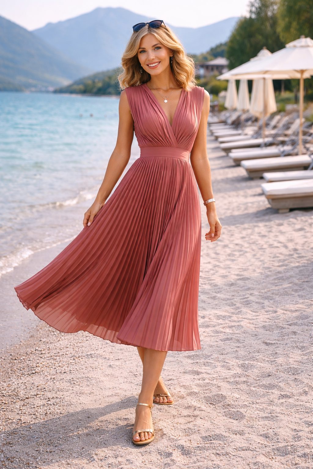 Women's Pleated V-Neck Midi Dress with Elegant Silhouette