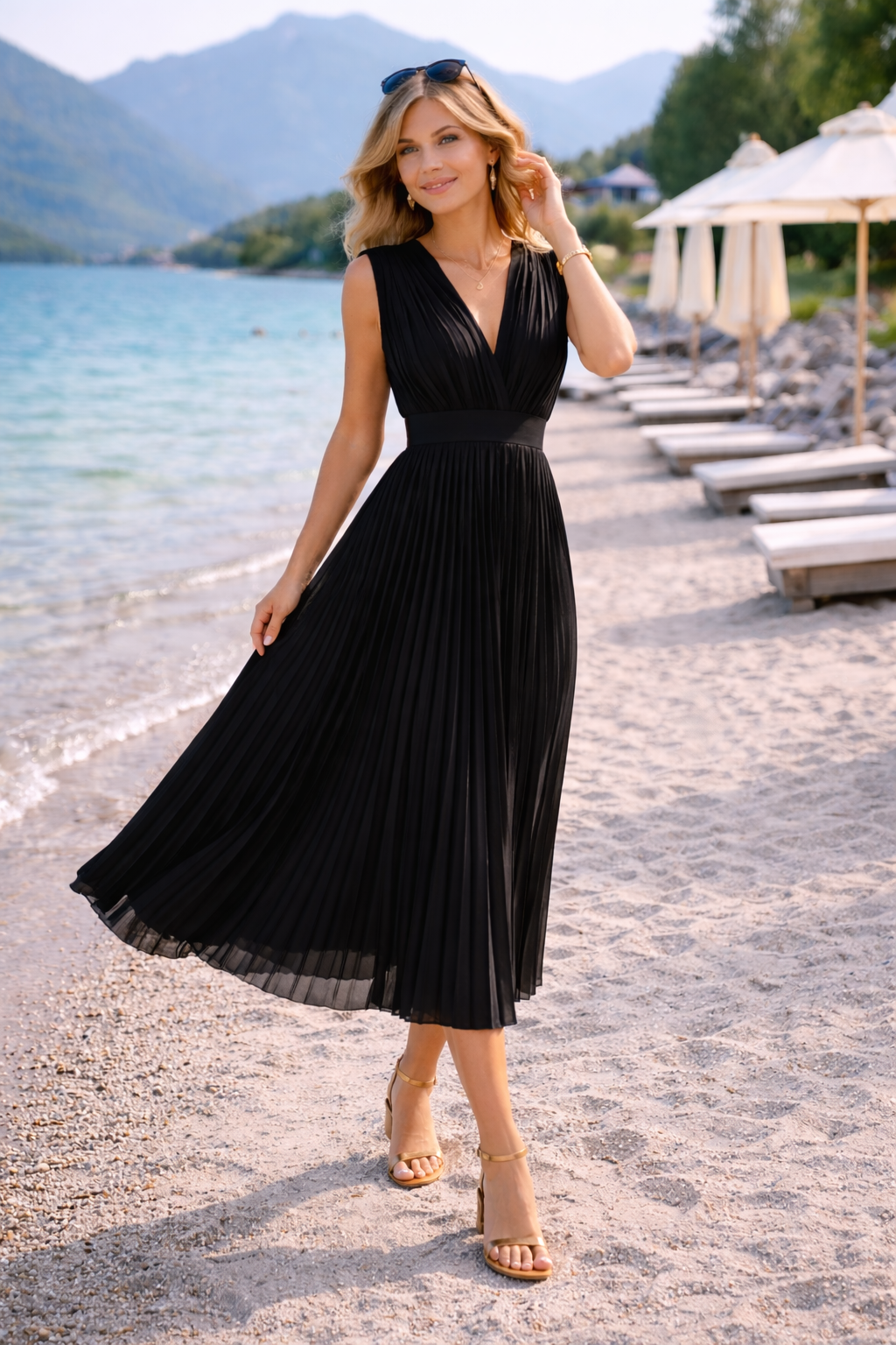 Women's Pleated V-Neck Midi Dress with Elegant Silhouette