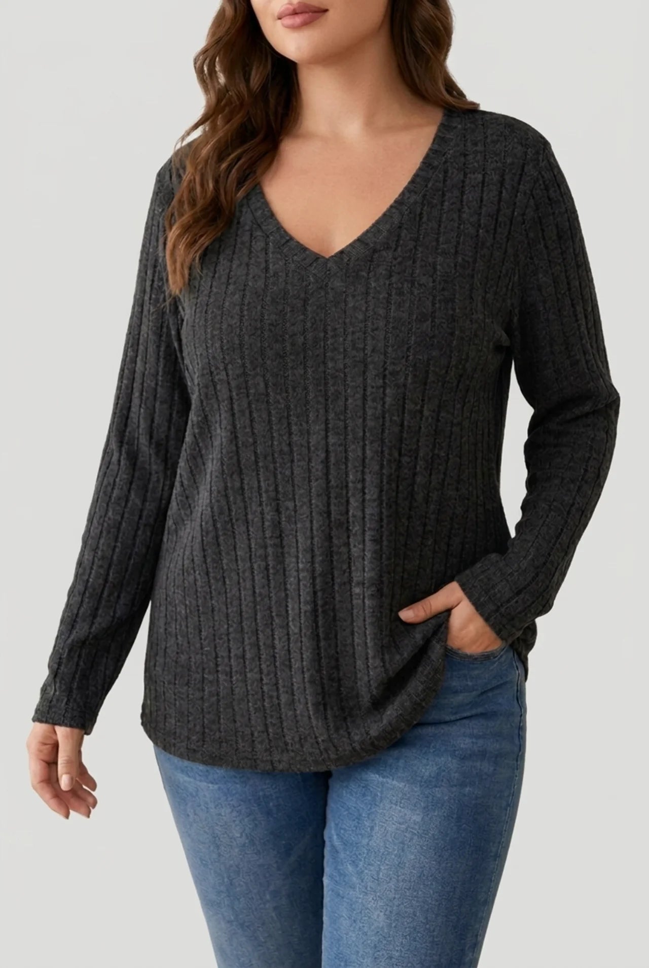 Women's Plus Size Ribbed V Neck Sweater with Soft Stretch Fabric