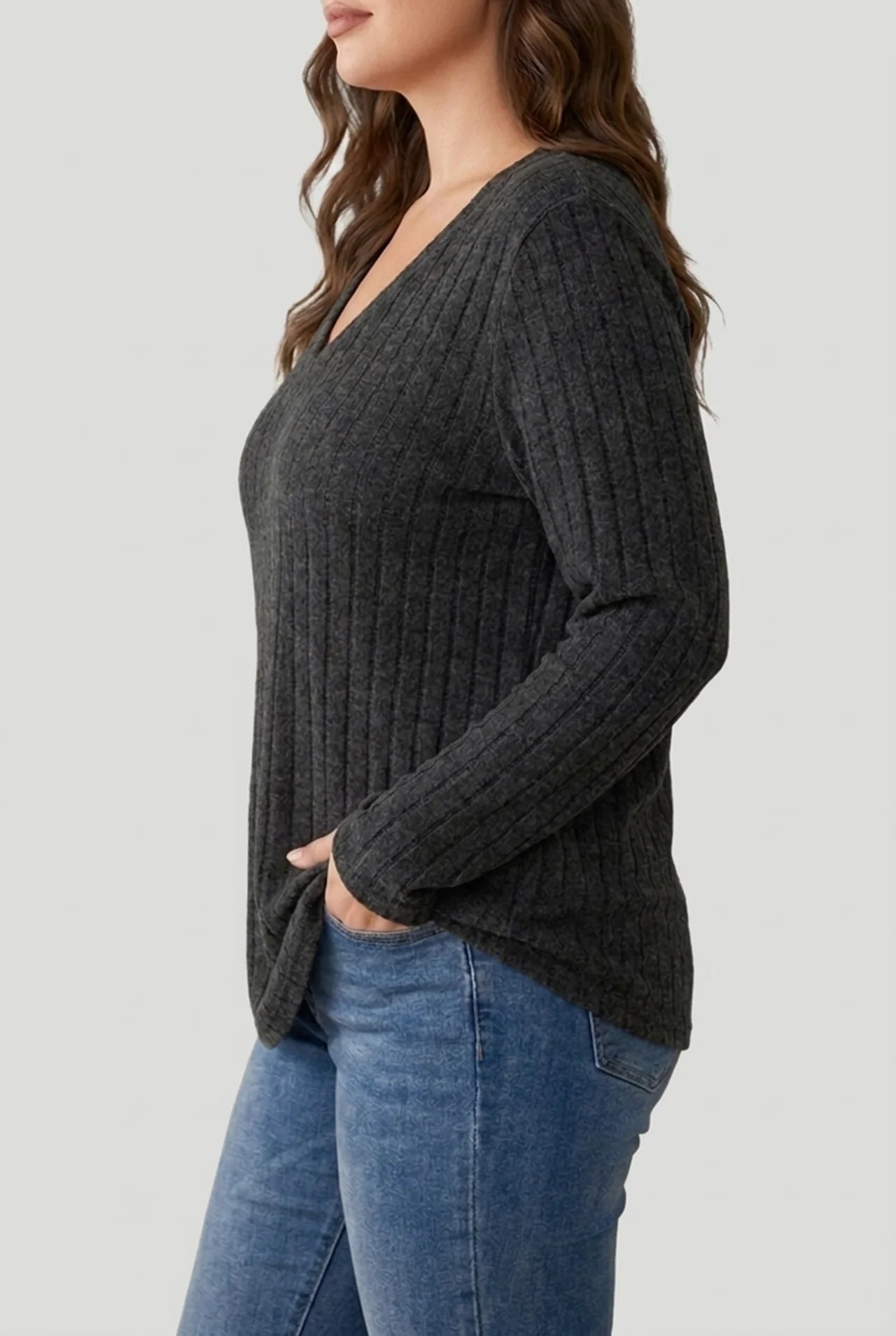 Women's Plus Size Ribbed V Neck Sweater with Soft Stretch Fabric