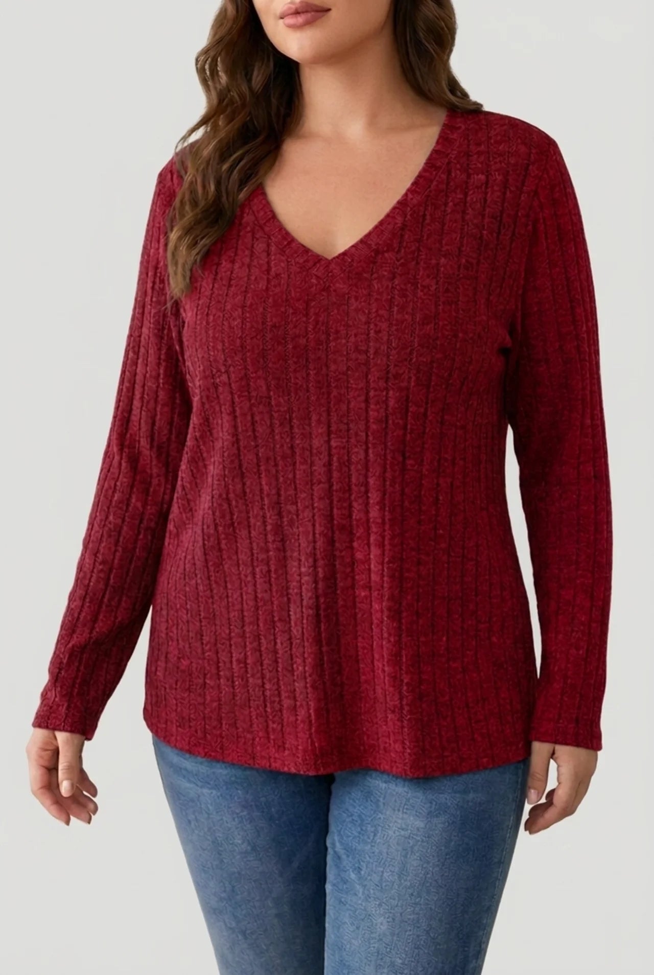 Women's Plus Size Ribbed V Neck Sweater with Soft Stretch Fabric