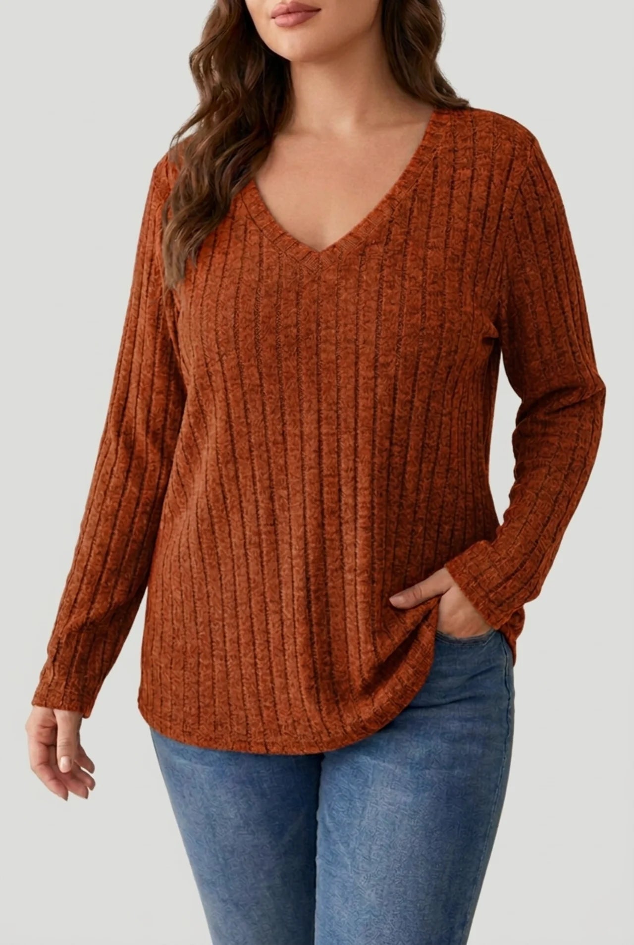 Women's Plus Size Ribbed V Neck Sweater with Soft Stretch Fabric