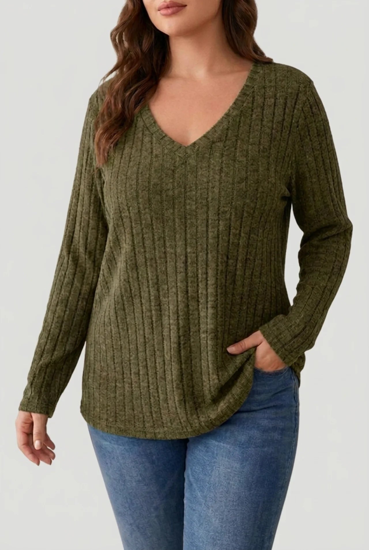 Women's Plus Size Ribbed V Neck Sweater with Soft Stretch Fabric