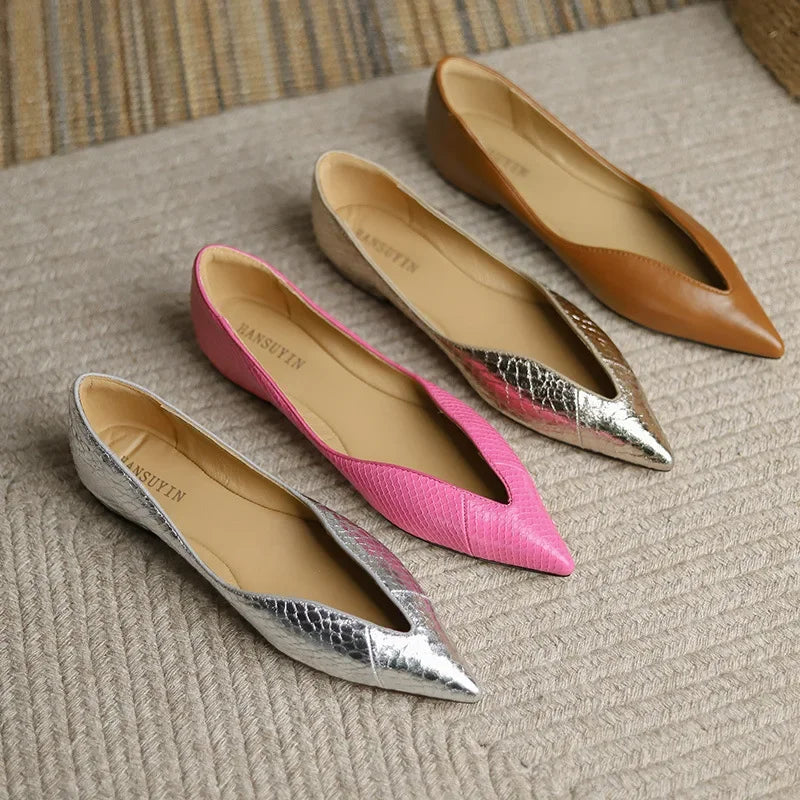 Women's Pointed Toe Faux Leather Ballet Flats