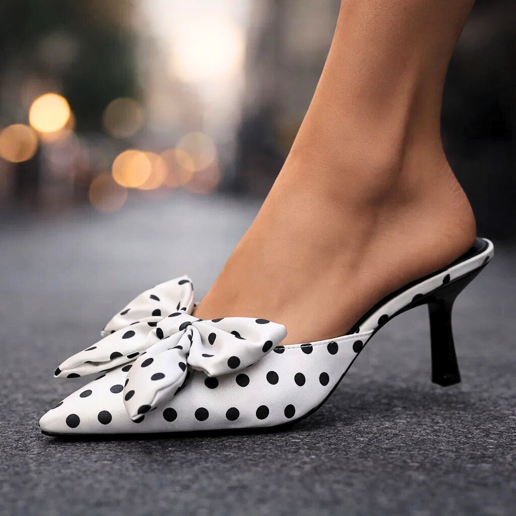Women's Polka Dot Kitten Heels with Oversized Bow