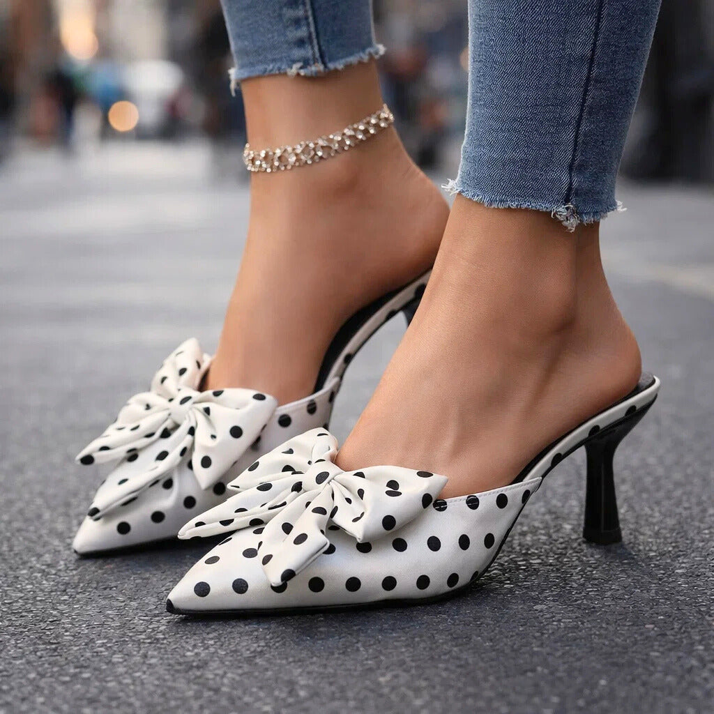 Women's Polka Dot Kitten Heels with Oversized Bow