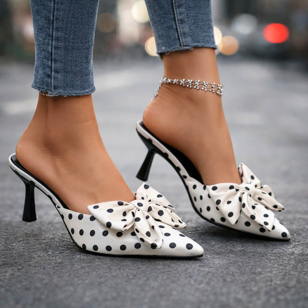 Women's Polka Dot Kitten Heels with Oversized Bow