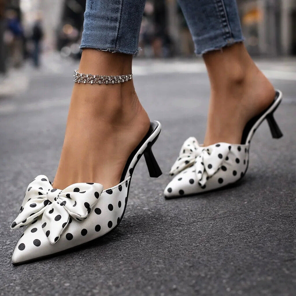 Women's Polka Dot Kitten Heels with Oversized Bow