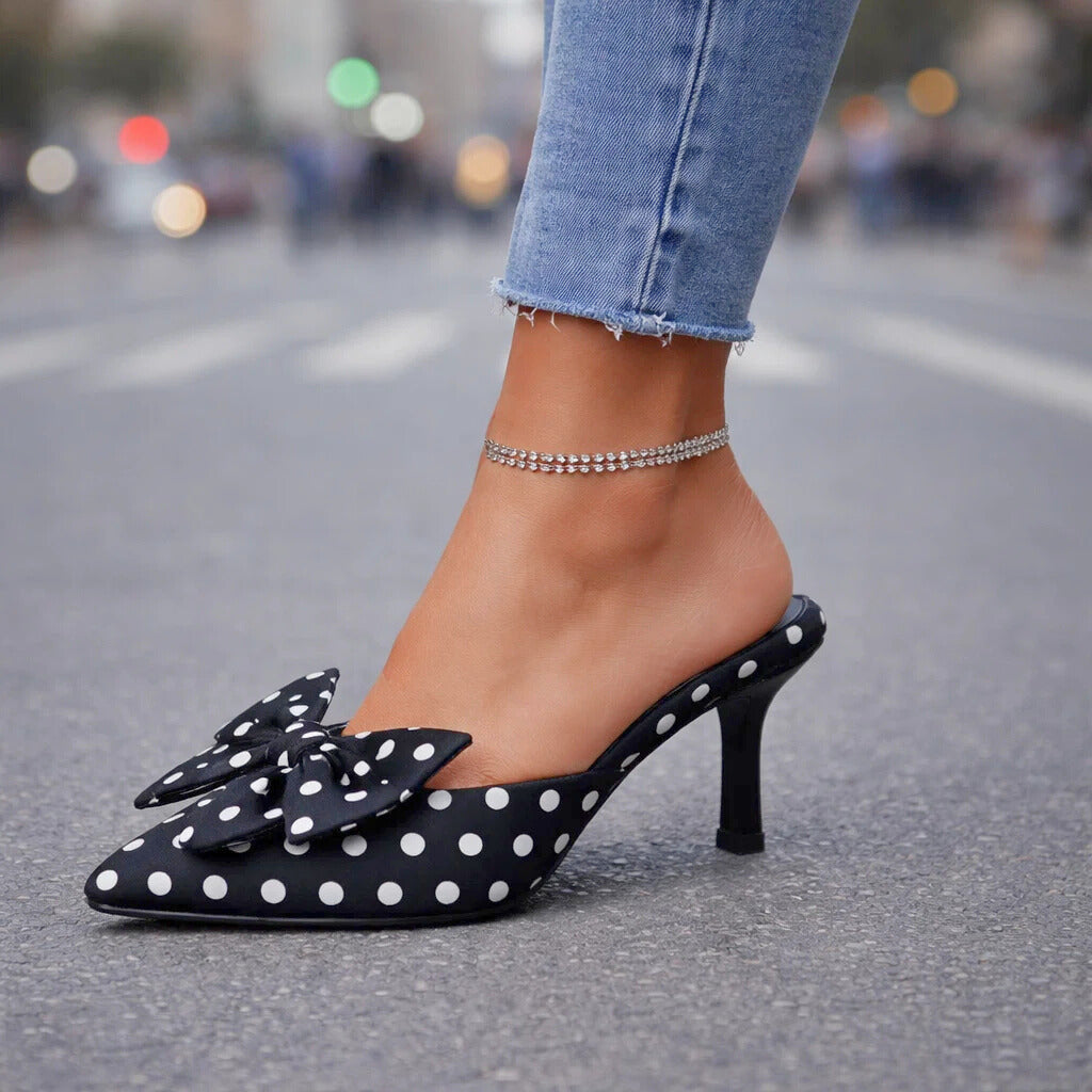 Women's Polka Dot Kitten Heels with Oversized Bow